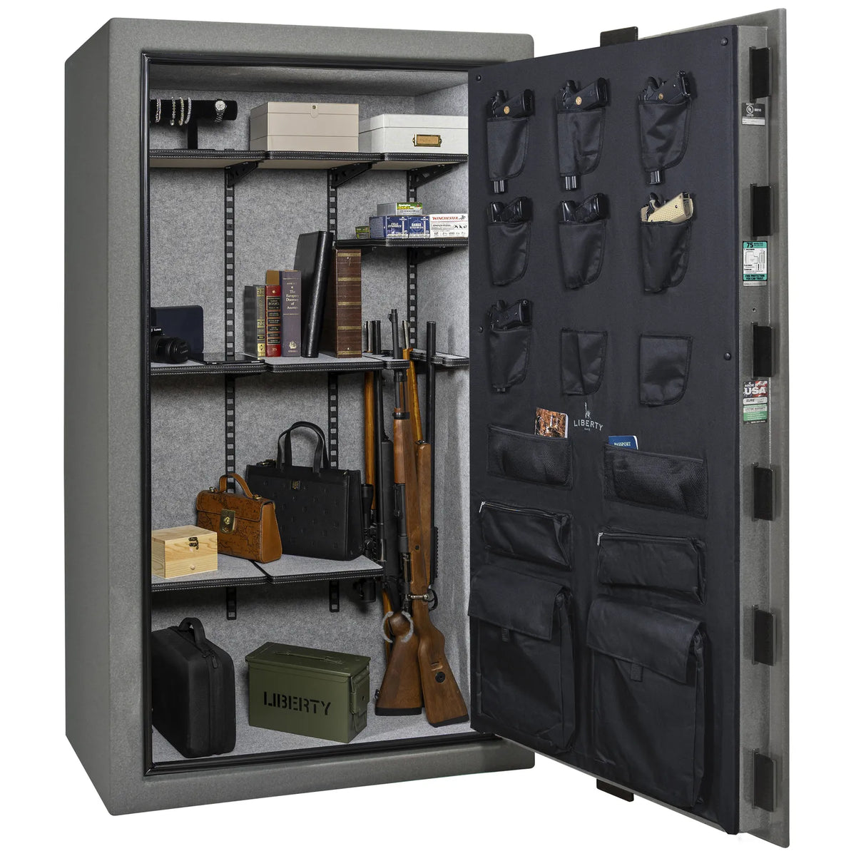 Liberty Colonial 50 gun safe in Textured Granite, loaded Pro Flex interior showing firearm and accessory storage