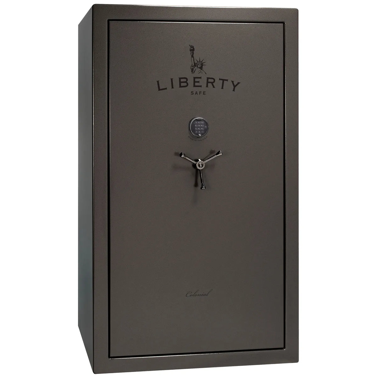 Liberty Colonial 50 gun safe in Gray Gloss with Black Chrome hardware, exterior view with S&G electronic lock