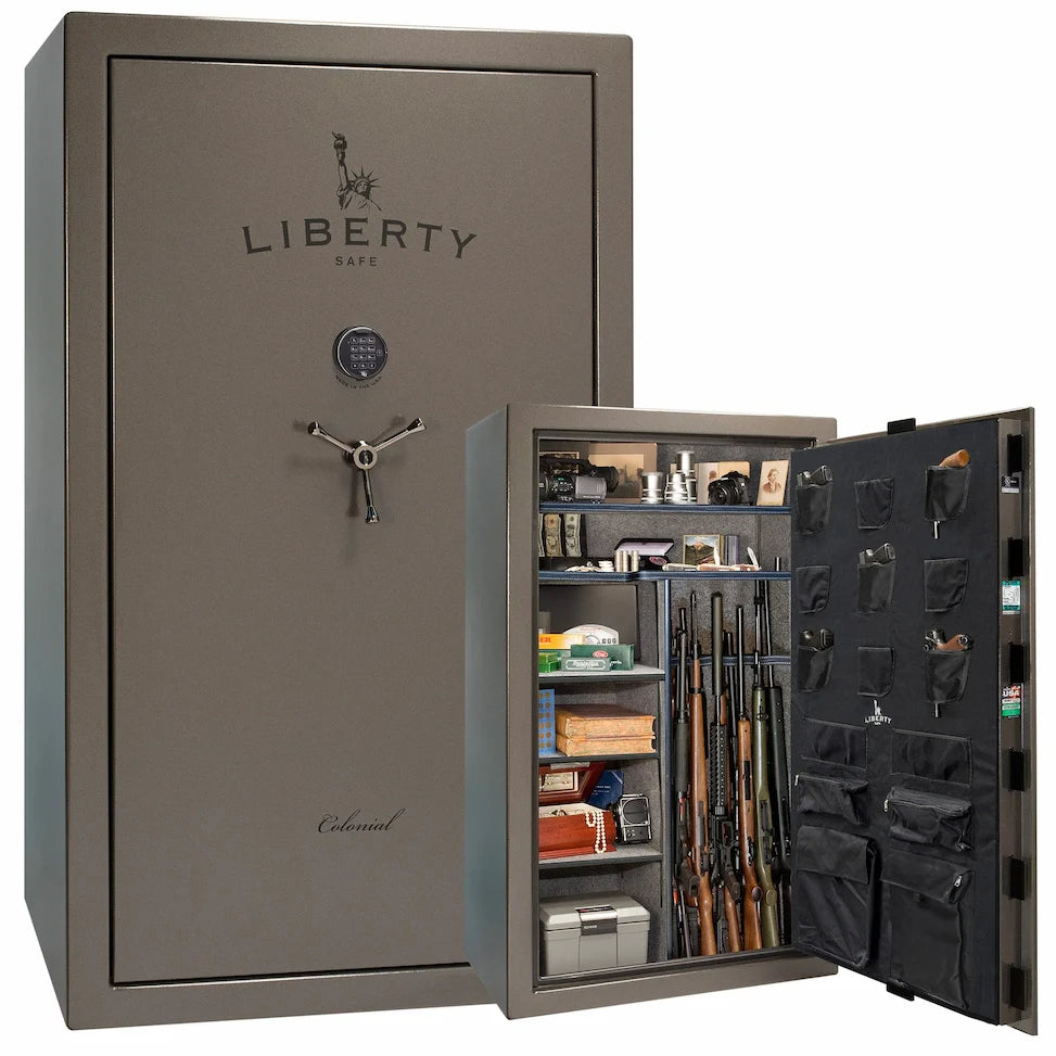 Liberty Colonial 50 gun safe in Gray Gloss with Black Chrome hardware, stacked exterior with S&G electronic lock and Standard Flex interior