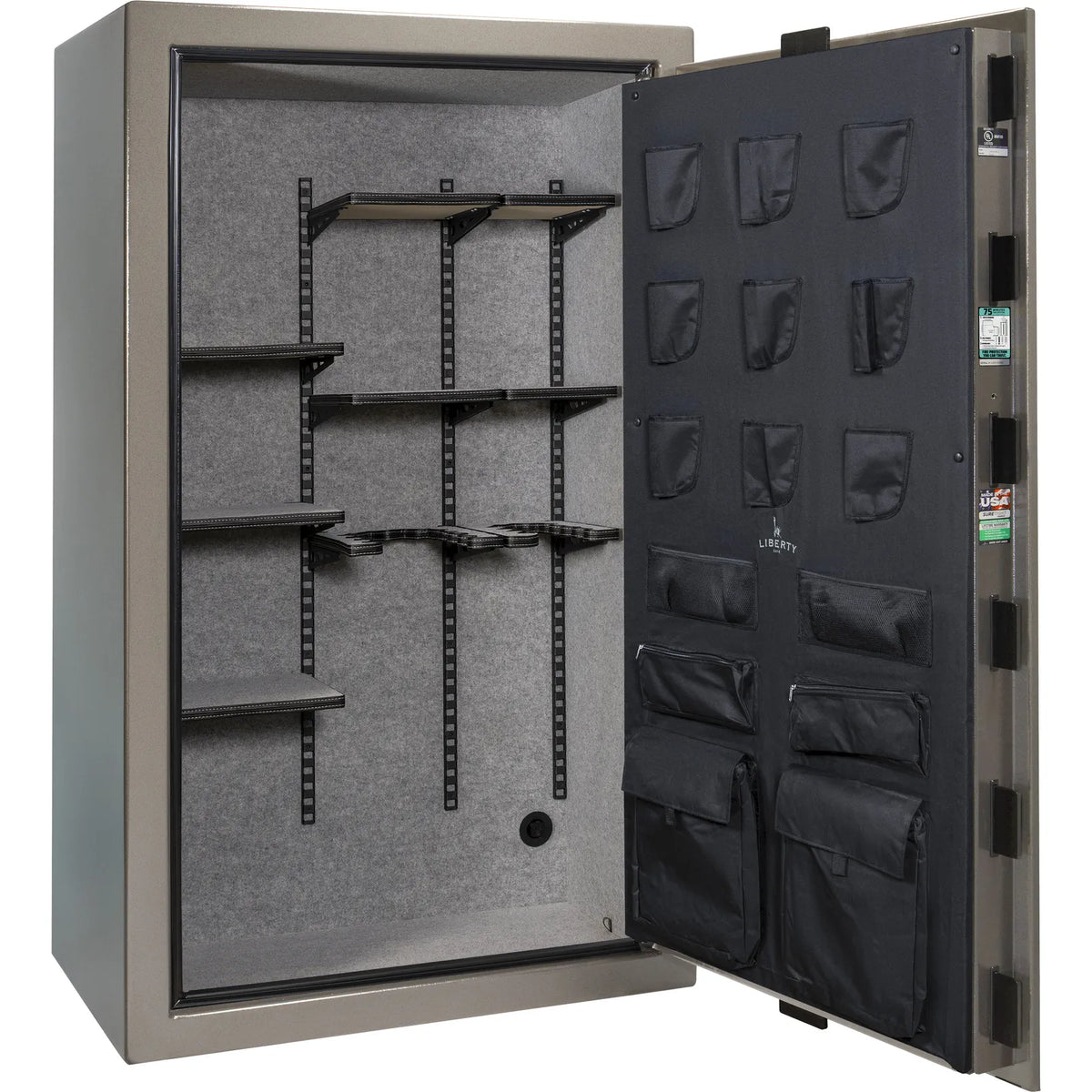 Liberty Colonial 50 gun safe in Gray Marble, empty Pro Flex interior showing adjustable shelving