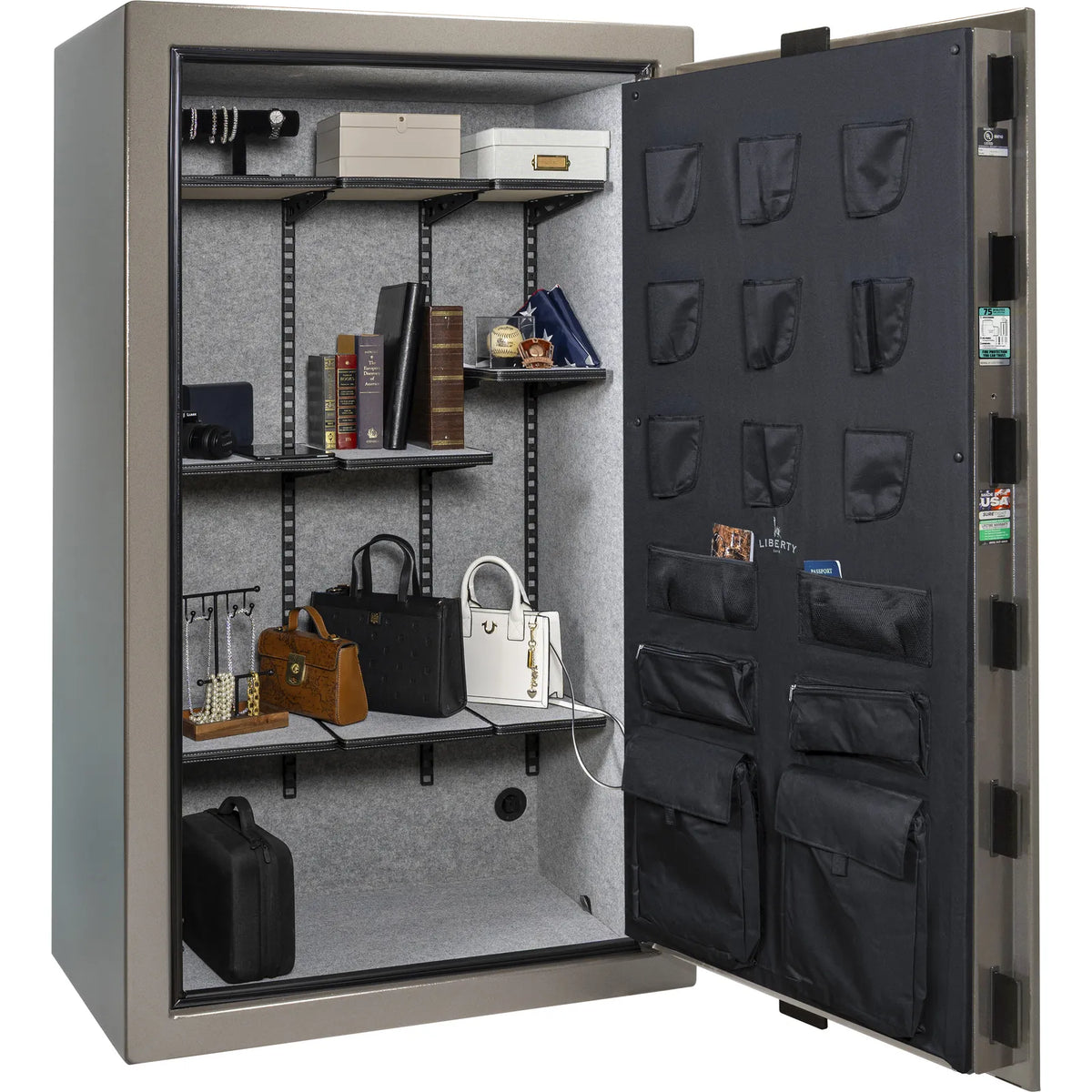 Liberty Colonial 50 gun safe in Gray Marble, Pro Flex interior organized with valuables and accessories, no firearms