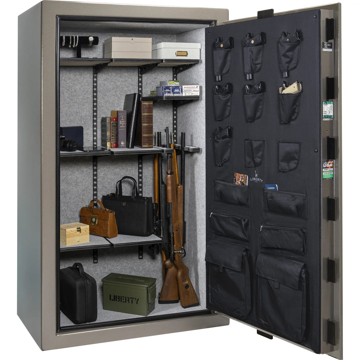 Liberty Colonial 50 gun safe in Gray Marble, loaded Pro Flex interior showing firearm and accessory storage