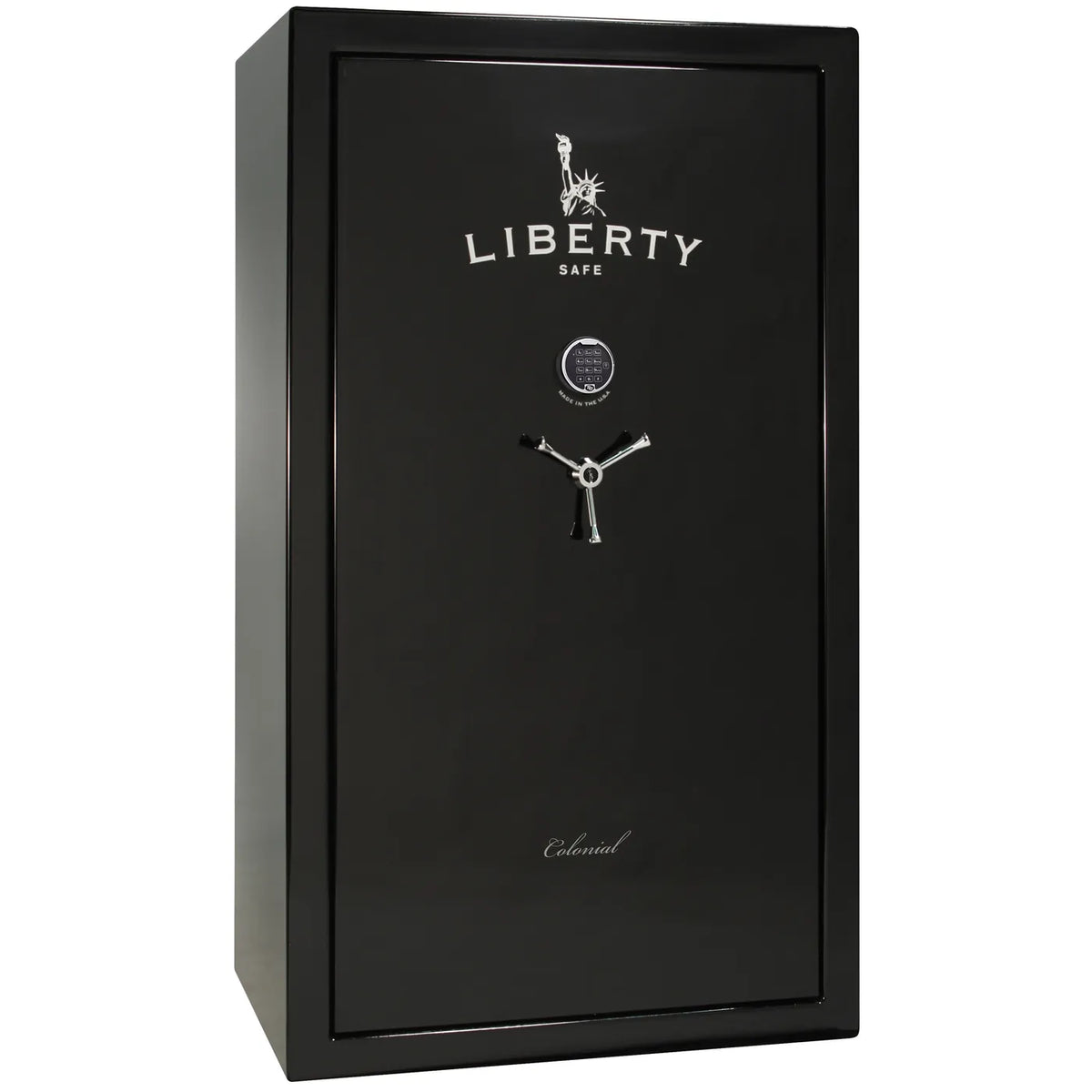 Liberty Colonial 50 gun safe in Black Gloss with Chrome hardware, exterior view with S&G electronic lock