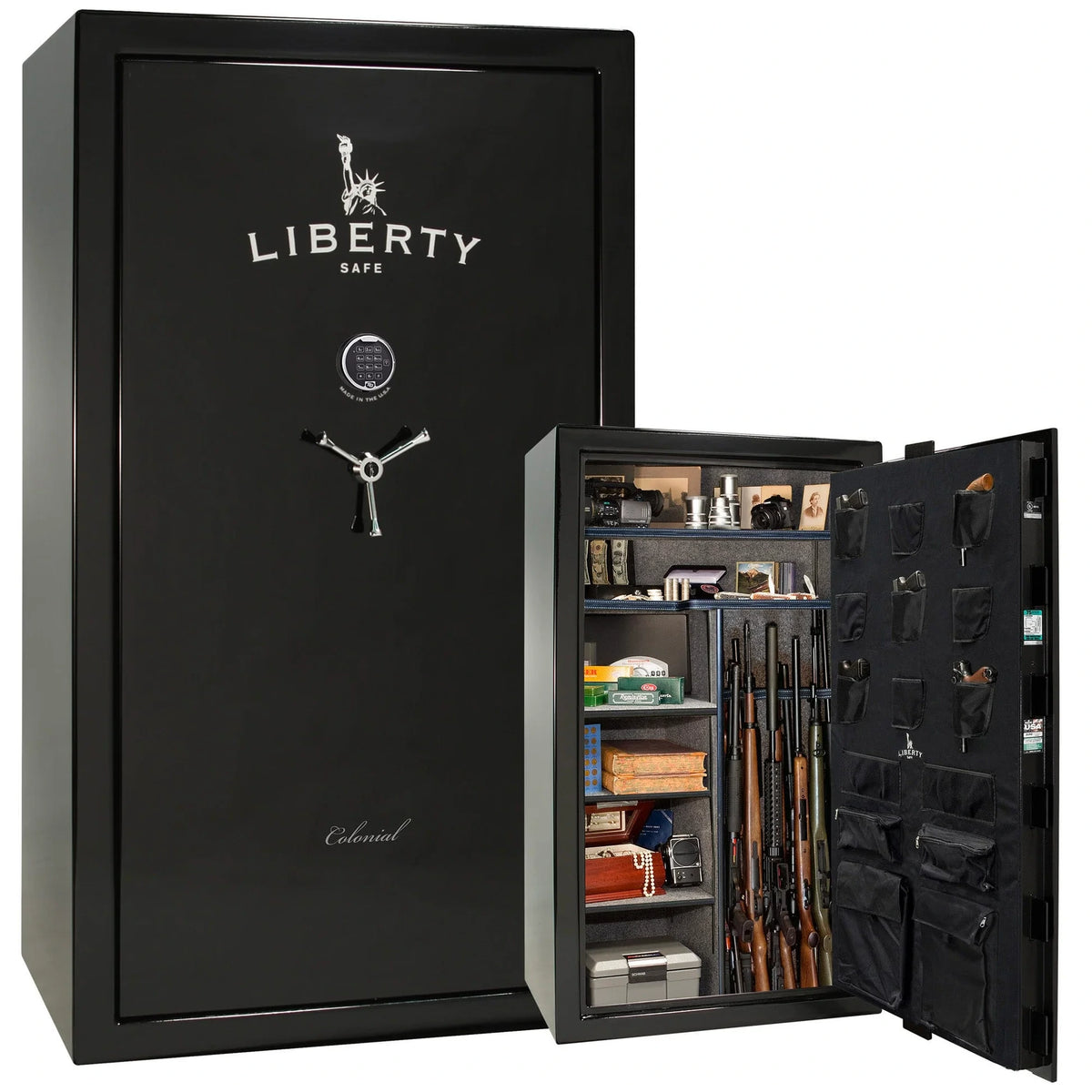 Liberty Colonial 50 gun safe in Black Gloss with Chrome hardware, stacked exterior with S&G electronic lock and Standard Flex interior