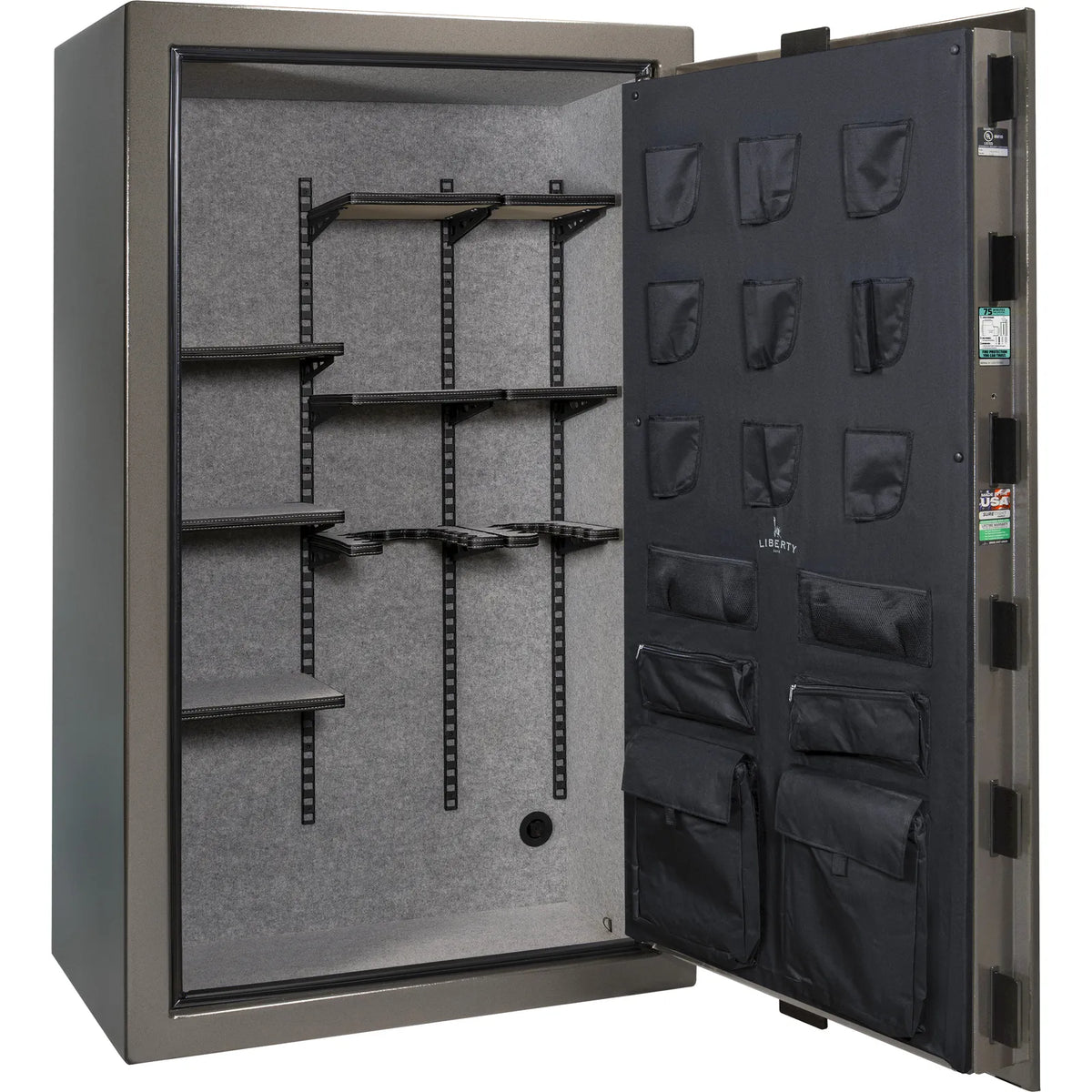 Liberty Colonial 50 gun safe in Gray Gloss, empty Pro Flex interior showing adjustable shelving