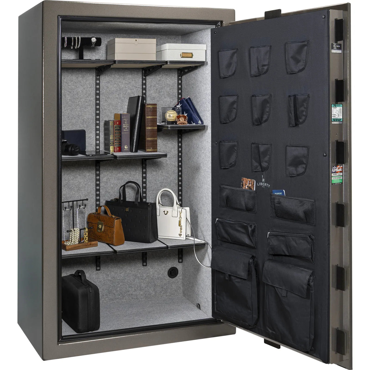 Liberty Colonial 50 gun safe in Gray Gloss, Pro Flex interior organized with valuables and accessories, no firearms