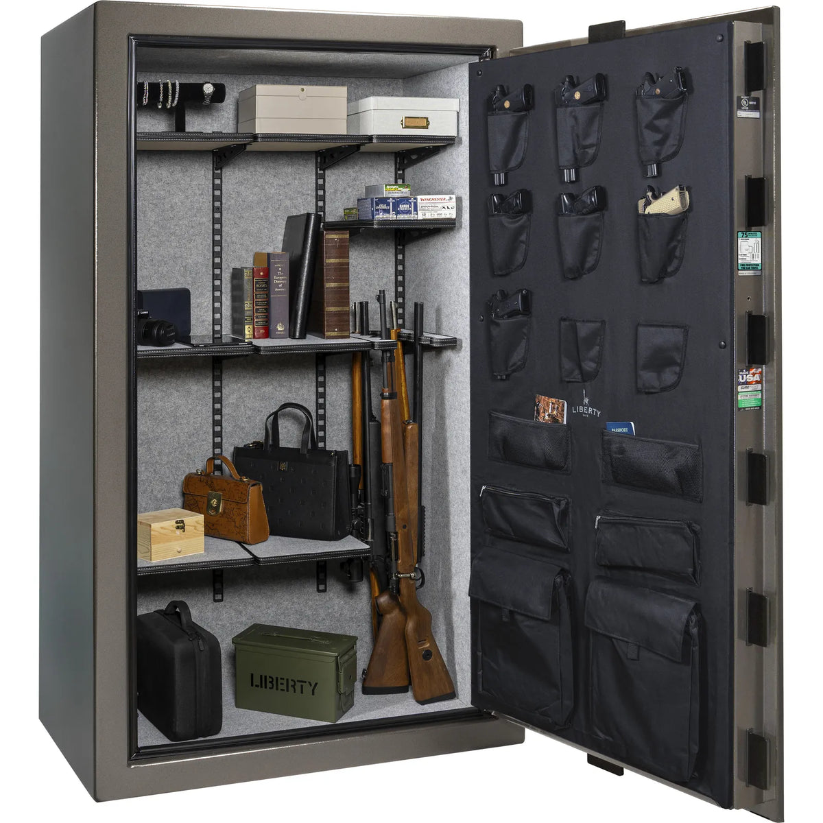 Liberty Colonial 50 gun safe in Gray Gloss, loaded Pro Flex interior showing firearm and accessory storage