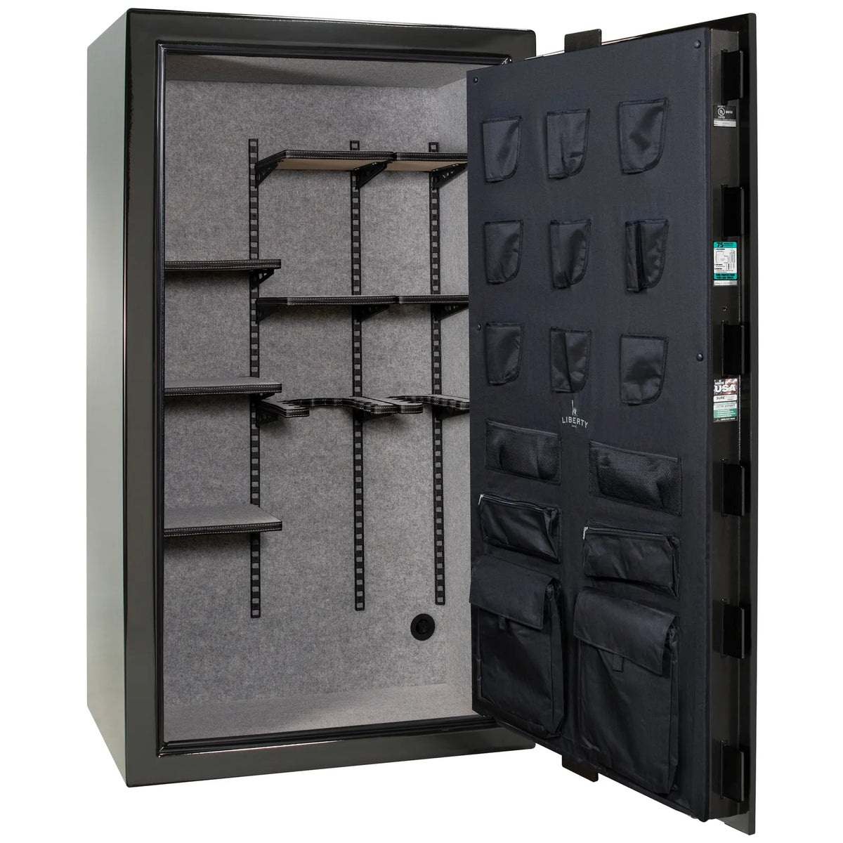 Liberty Colonial 50 gun safe in Black Gloss, empty Pro Flex interior showing adjustable shelving