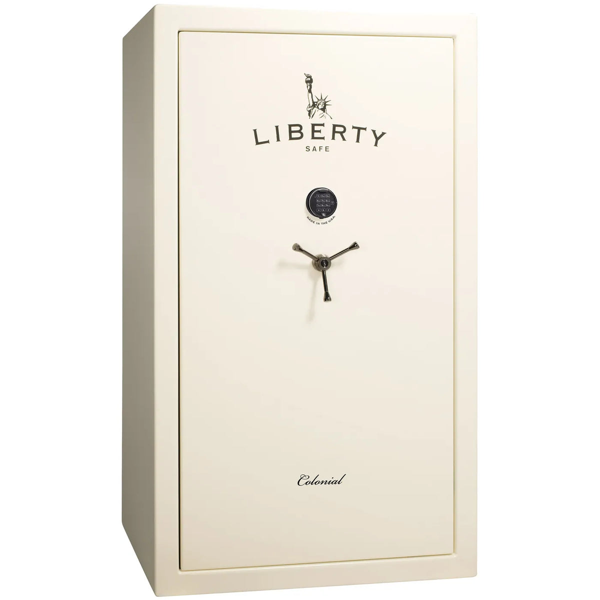 Liberty Colonial 50 gun safe in White Gloss with Black Chrome hardware, exterior view with S&G electronic lock