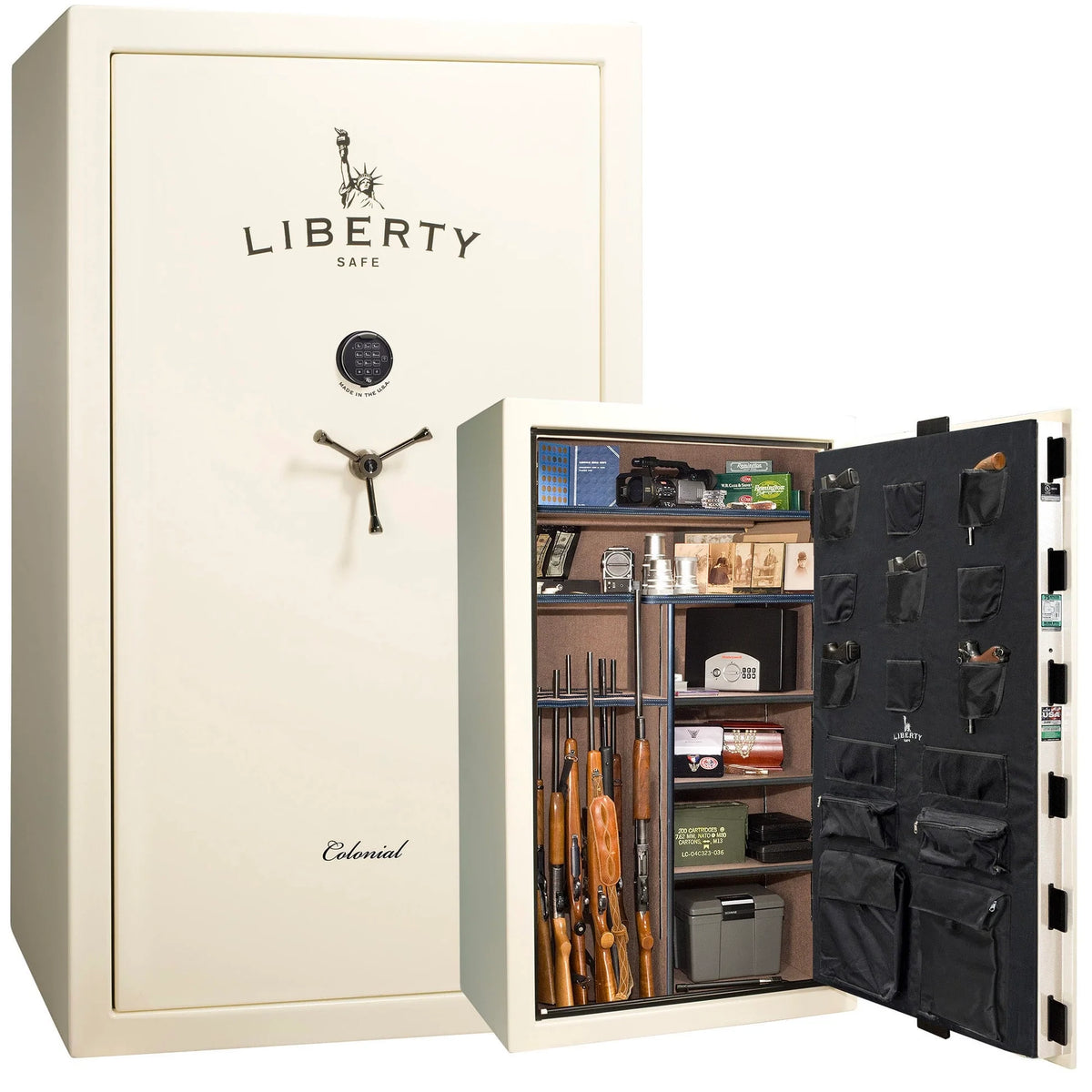 Liberty Colonial 50 gun safe in White Gloss with Black Chrome hardware, stacked exterior with S&G electronic lock and Standard Flex interior
