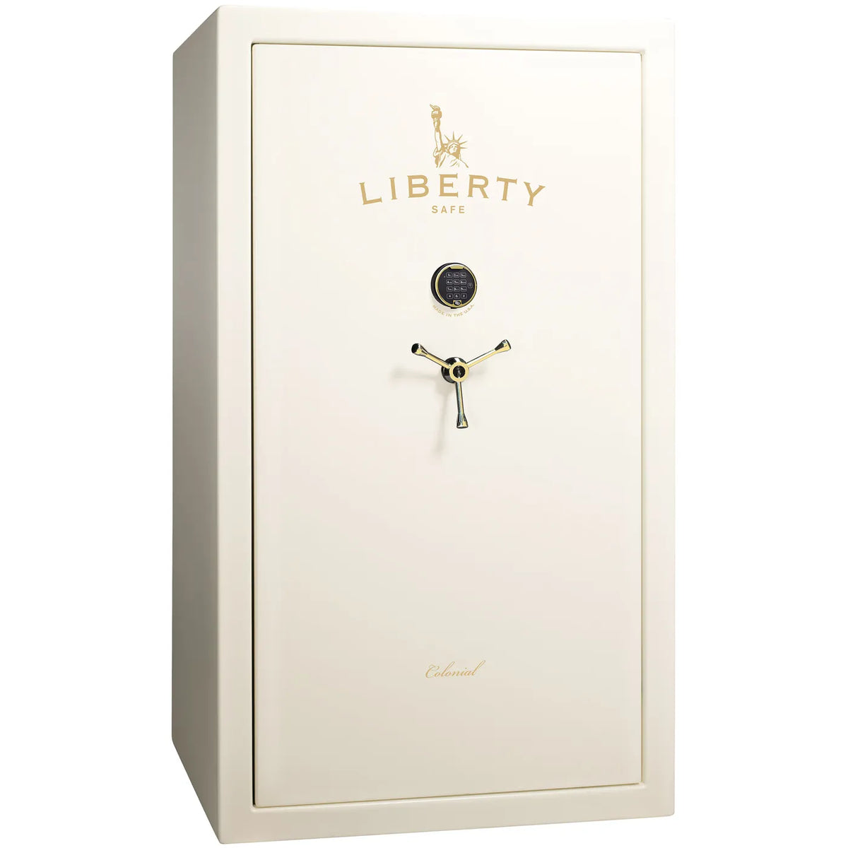Liberty Colonial 50 gun safe in White Gloss with Brass hardware, exterior view with S&G electronic lock