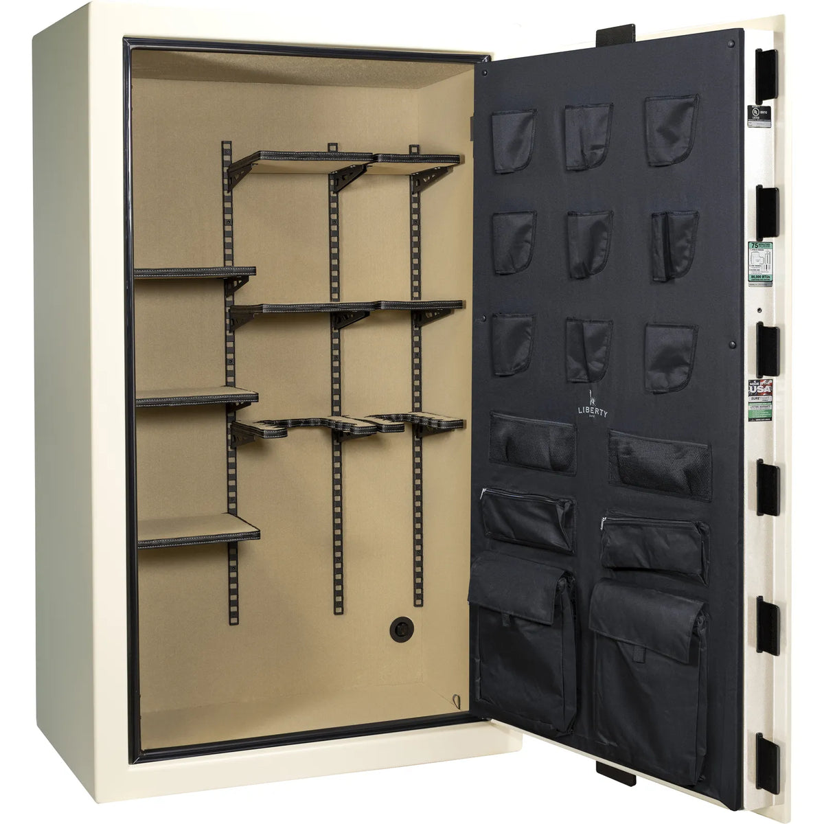 Liberty Colonial 50 gun safe in White Gloss, empty Pro Flex interior showing adjustable shelving