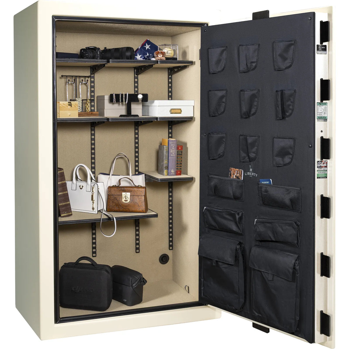 Liberty Colonial 50 gun safe in White Gloss, Pro Flex interior organized with valuables and accessories, no firearms