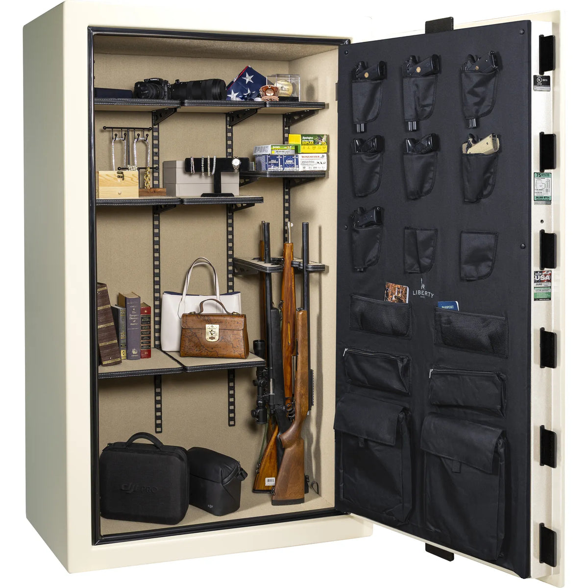 Liberty Colonial 50 gun safe in White Gloss, loaded Pro Flex interior showing firearm and accessory storage