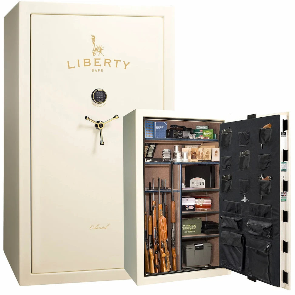 Liberty Colonial 50 gun safe in White Gloss with Brass hardware, stacked exterior with S&G electronic lock and Standard Flex interior