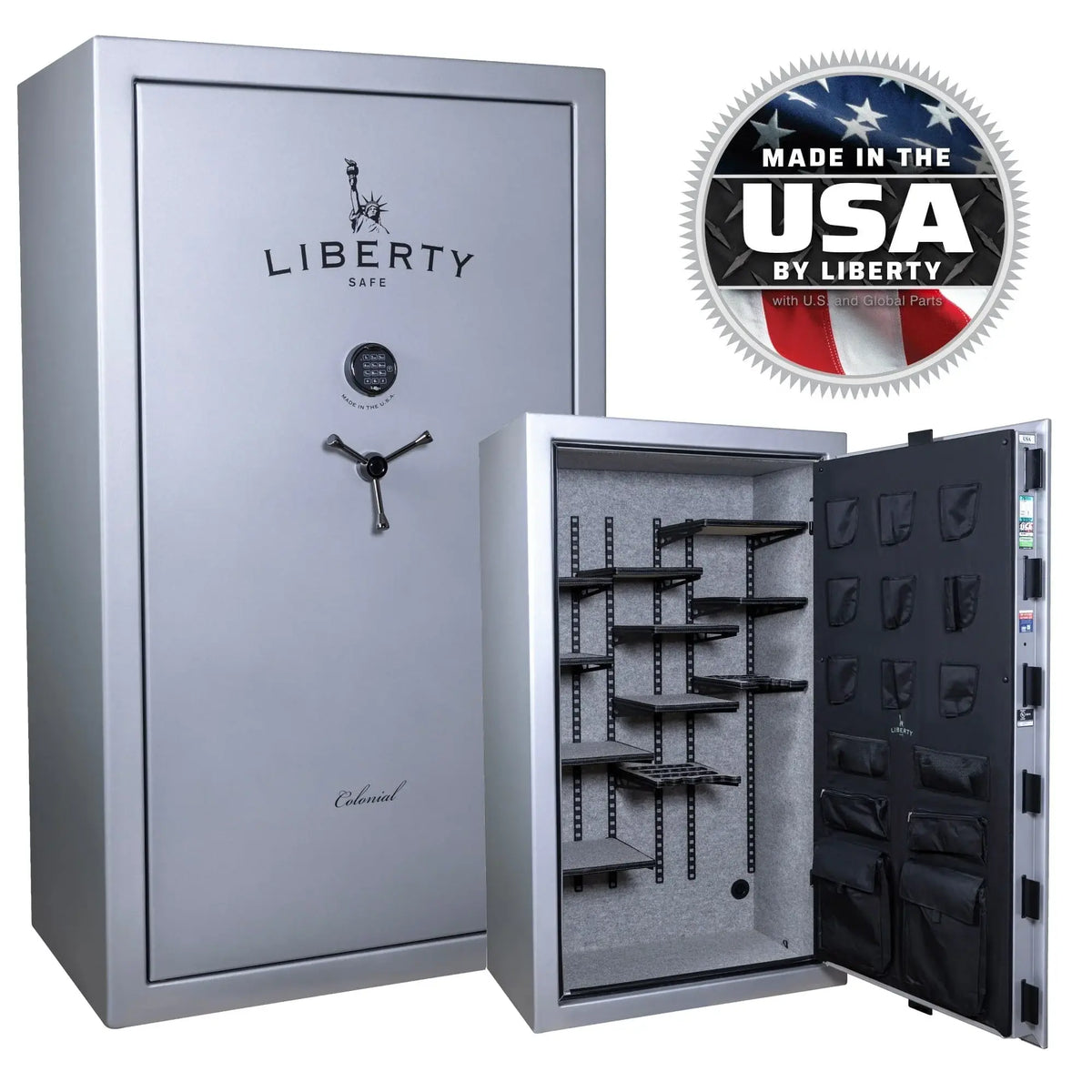 Liberty Colonial 50 gun safe Pro Flex interior and exterior USA made badge
