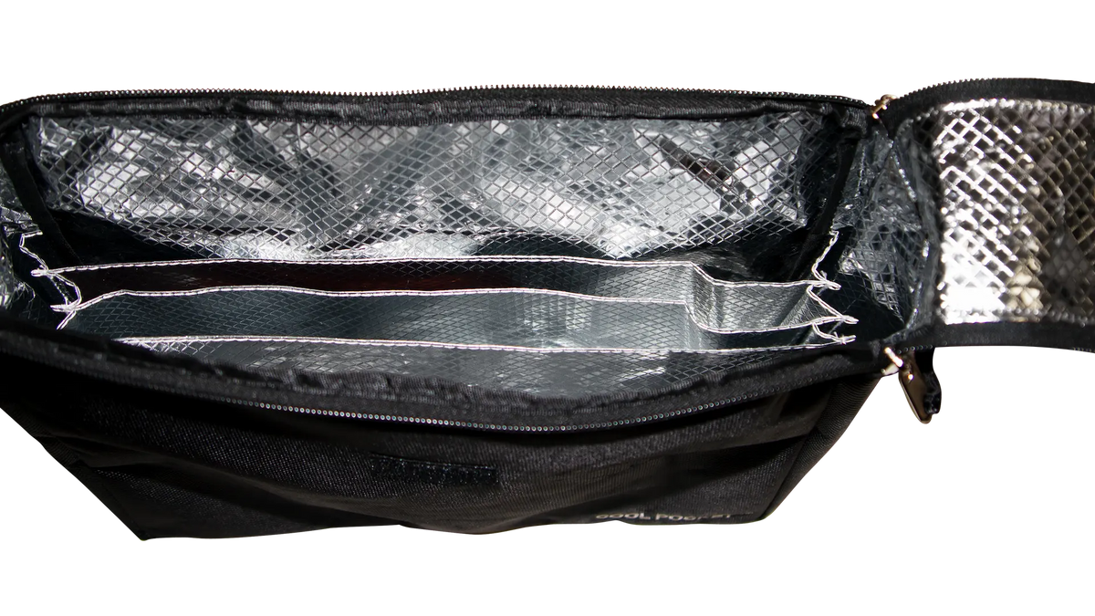 Interior of the Liberty COOL POCKET showing its reflective heat-shield lining and document compartments