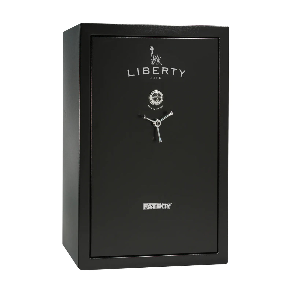 Liberty Fatboy gun safe in textured black with chrome hardware and mechanical lock