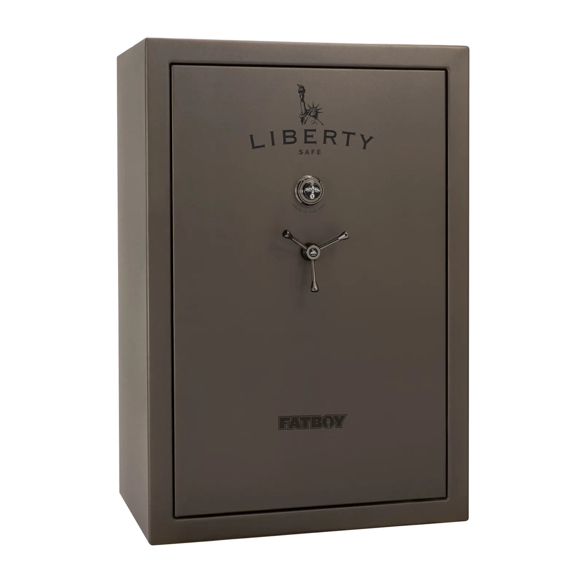 Liberty Fatboy gun safe in textured bronze with black chrome hardware and mechanical lock