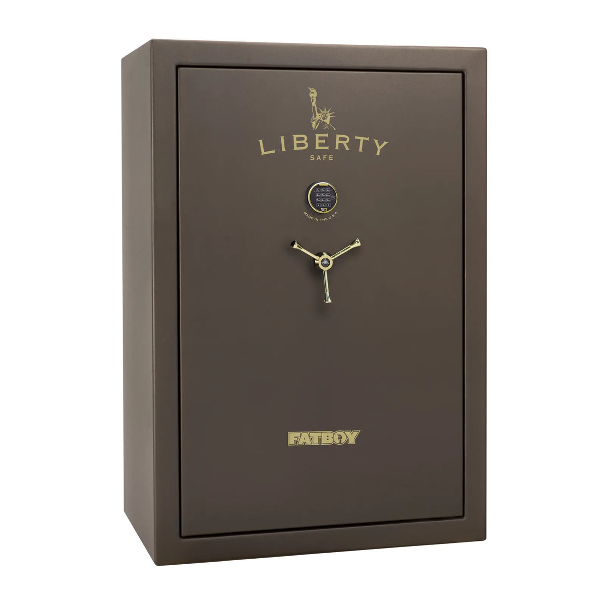 Liberty Fatboy gun safe in textured bronze with brass hardware and electronic lock