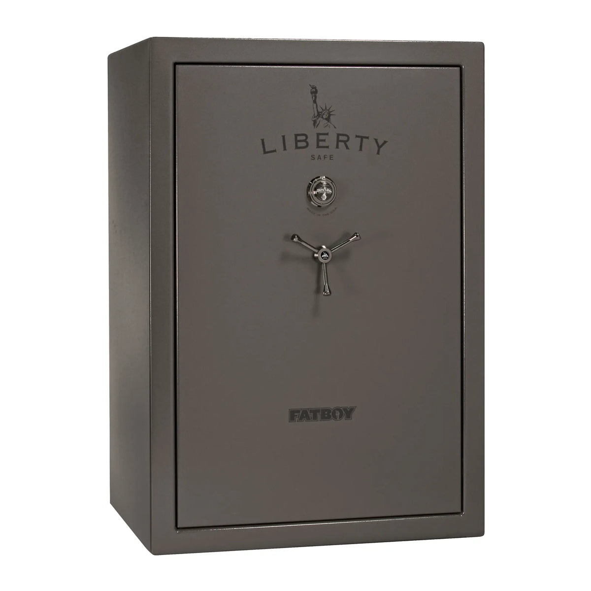 Liberty Fatboy gun safe in gray marble with black chrome hardware and mechanical lock