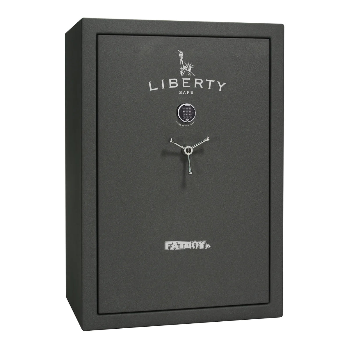 Liberty Fatboy Jr. gun safe in textured granite with chrome hardware and electronic lock