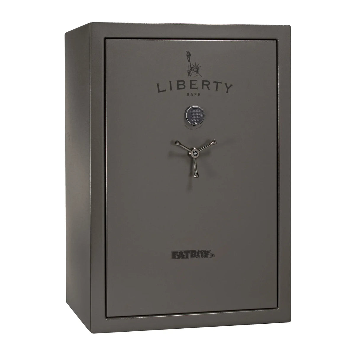 Liberty Fatboy Jr. gun safe in gray marble with black chrome hardware and electronic lock
