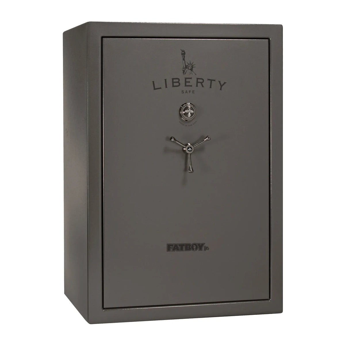 Liberty Fatboy Jr. gun safe in gray marble with black chrome hardware and mechanical lock