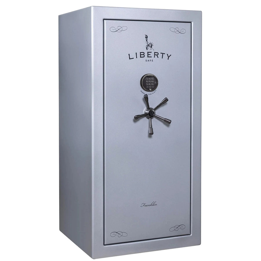 Liberty Franklin 29 safe in Glacial Steel with Black Chrome hardware and S&G electronic lock, exterior view.