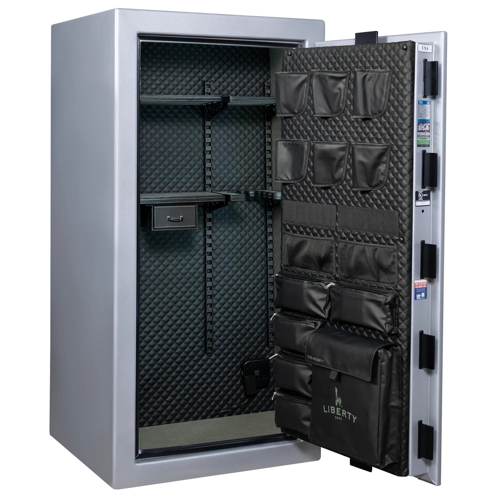 Liberty Franklin 29 safe in Glacial Steel with Black Chrome hardware and S&G electronic lock, exterior view.