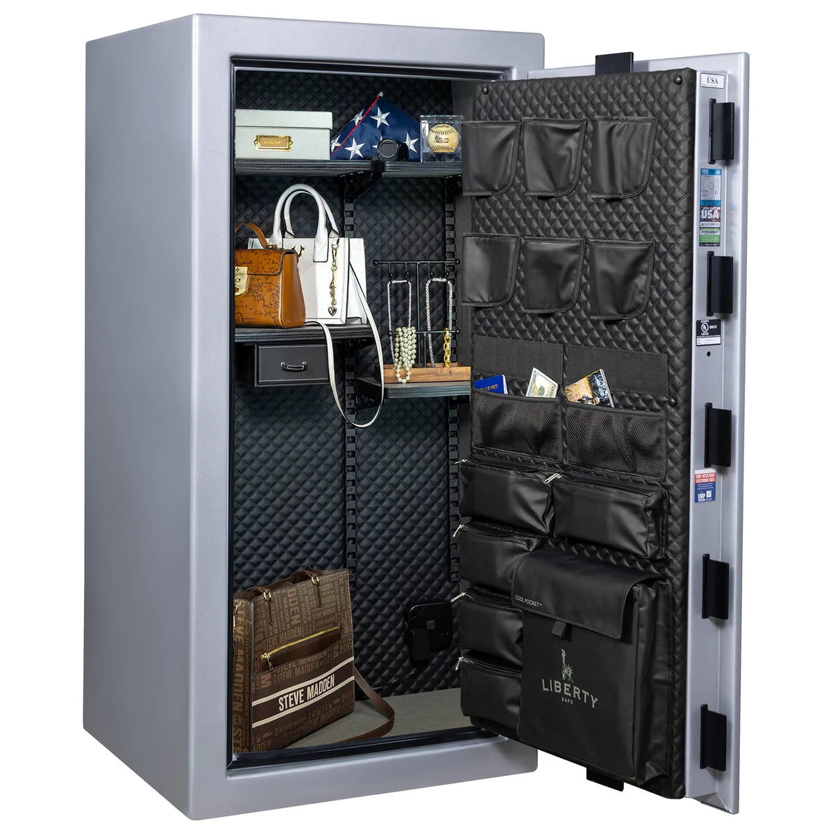 Liberty Franklin 29 safe in Glacial Steel with Black Chrome hardware, Signature Diamond Stitched Leather interior, organized storage without firearms.