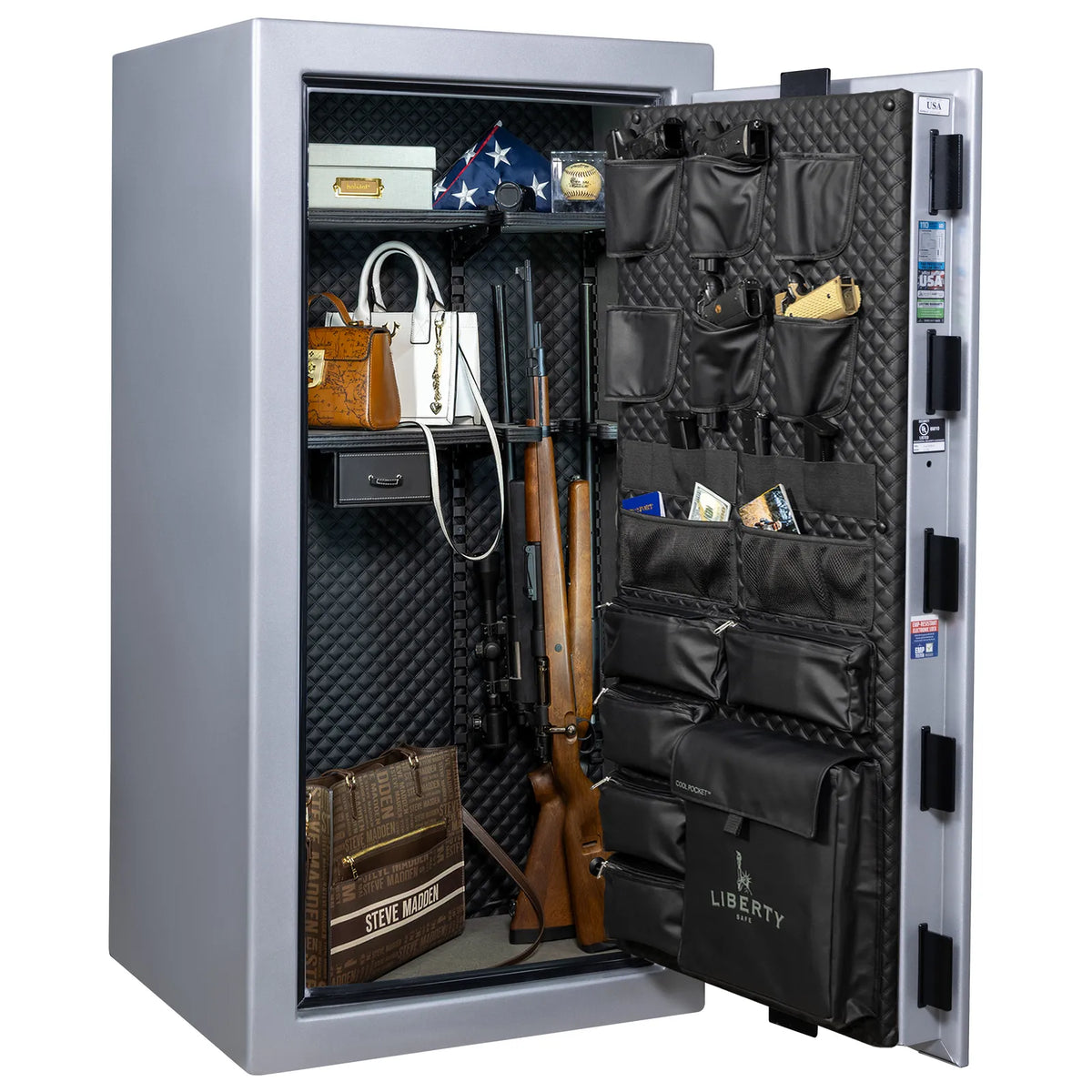 Liberty Franklin 29 safe in Glacial Steel with Black Chrome hardware, Signature Diamond Stitched Leather interior, loaded storage configuration.
