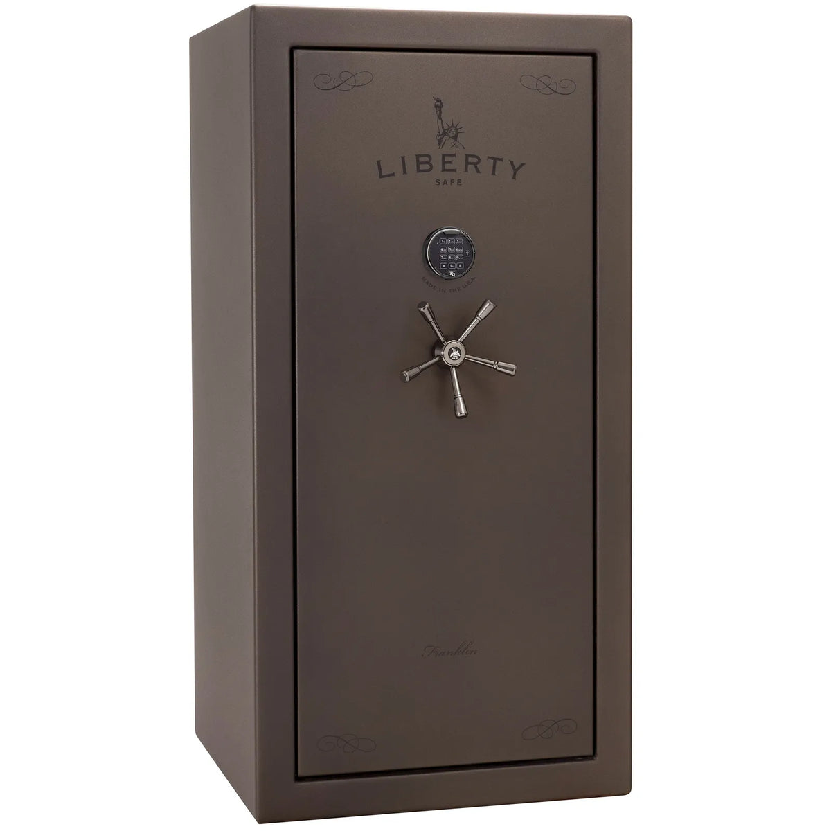 Liberty Franklin 29 safe in Bronze Textured with Black Chrome hardware and S&G electronic lock, exterior view.