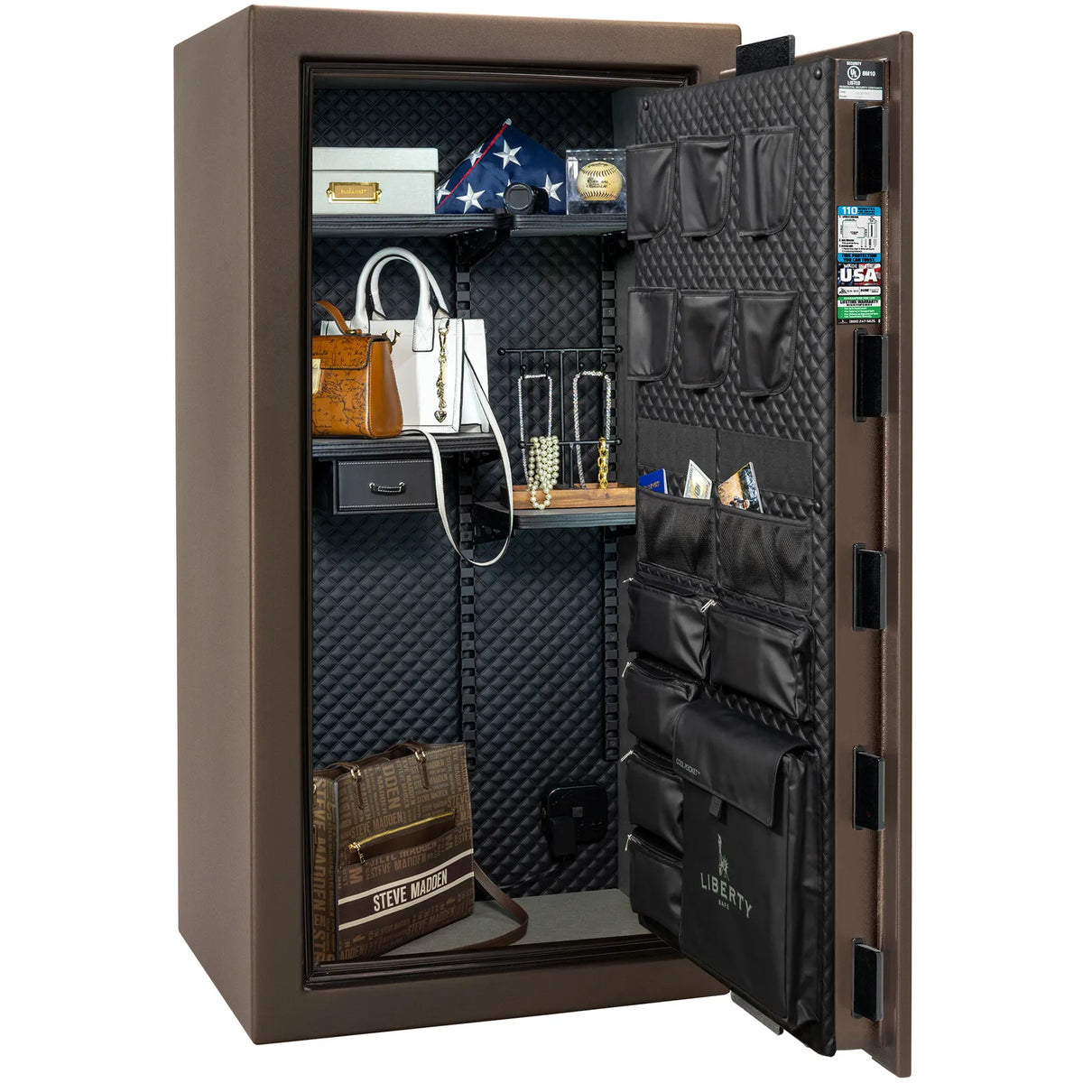 Liberty Franklin 29 safe in Bronze Textured with Black Chrome hardware, Signature Diamond Stitched Leather interior, organized storage without firearms.
