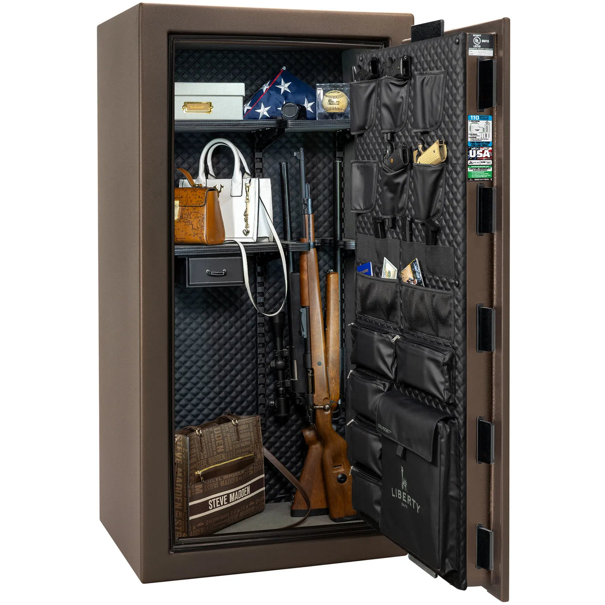Liberty Franklin 29 safe in Bronze Textured with Black Chrome hardware, Signature Diamond Stitched Leather interior, loaded storage configuration.