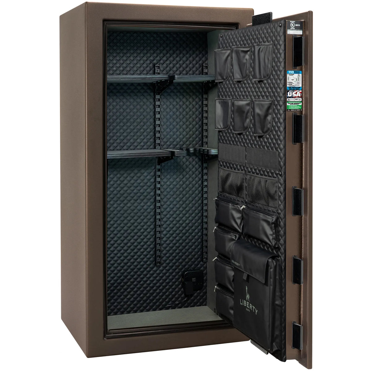 Liberty Franklin 29 safe in Bronze Textured with Black Chrome hardware, Signature Diamond Stitched Leather interior.