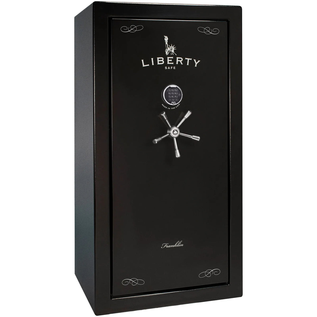 Liberty Franklin 29 safe in Textured Black with Chrome hardware and S&G electronic lock, exterior view.