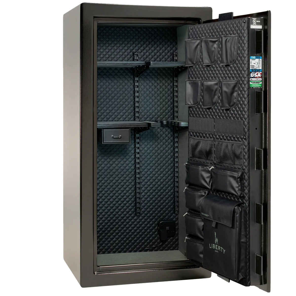 Liberty Franklin 29 safe in Textured Black with Chrome hardware, Signature Diamond Stitched Leather interior, empty.