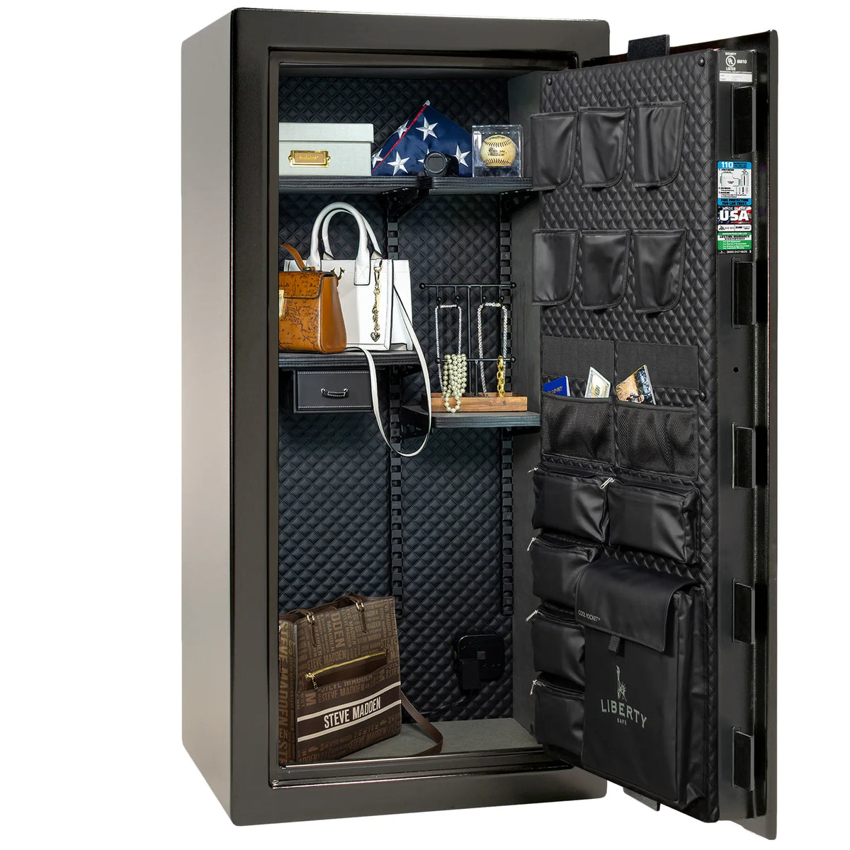 Liberty Franklin 29 safe in Textured Black with Chrome hardware, Signature Diamond Stitched Leather interior, organized storage without firearms.