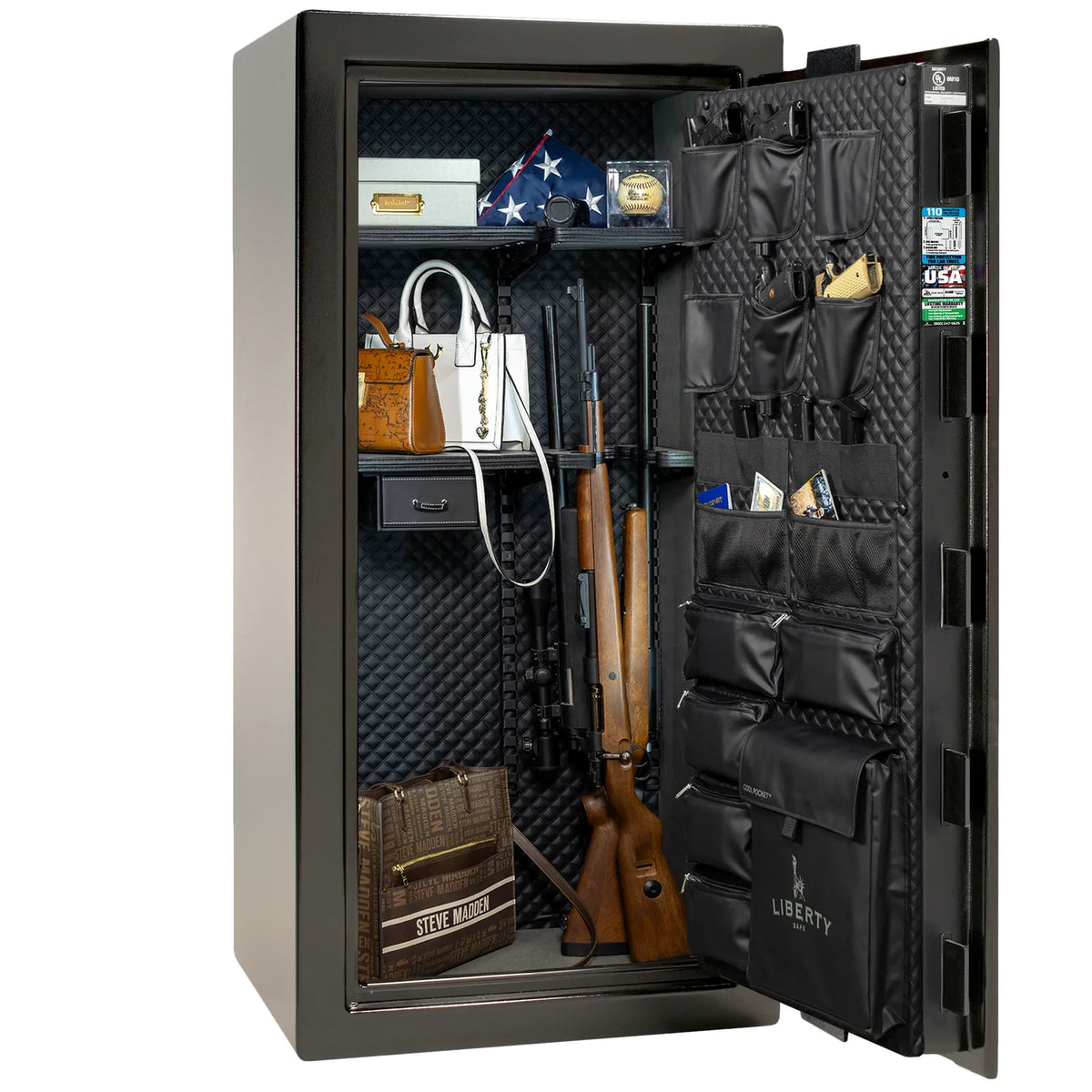 Liberty Franklin 29 safe in Textured Black with Chrome hardware, Signature Diamond Stitched Leather interior, loaded storage configuration.