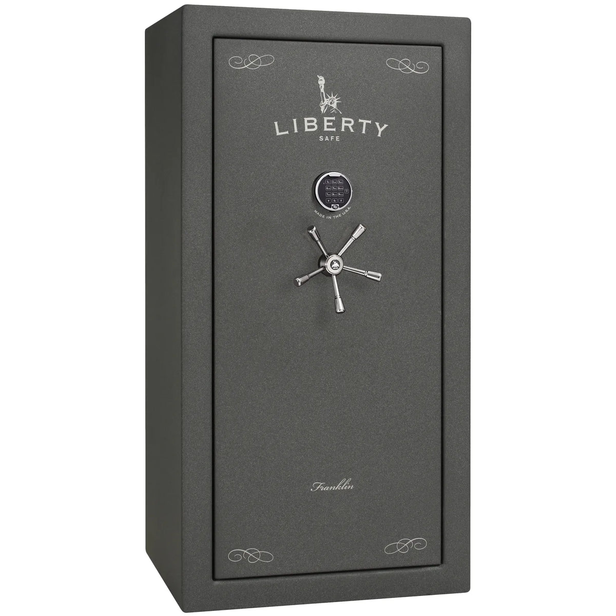 Liberty Franklin 29 safe in Textured Granite with Chrome hardware and S&G electronic lock, exterior view.