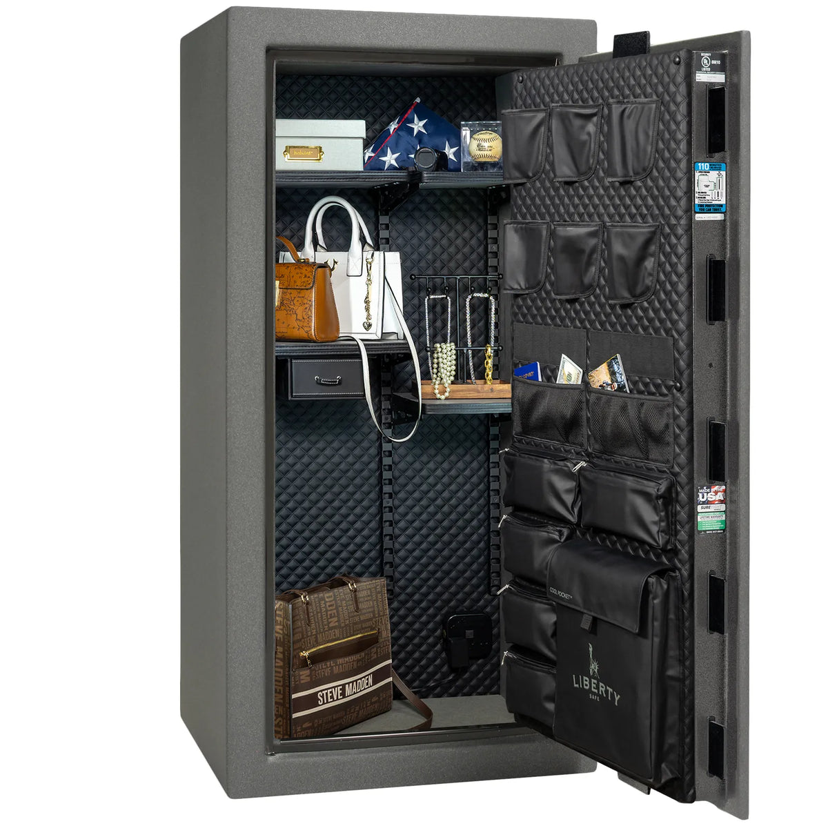 Liberty Franklin 29 safe in Textured Granite with Chrome hardware, Signature Diamond Stitched Leather interior, organized storage without firearms.