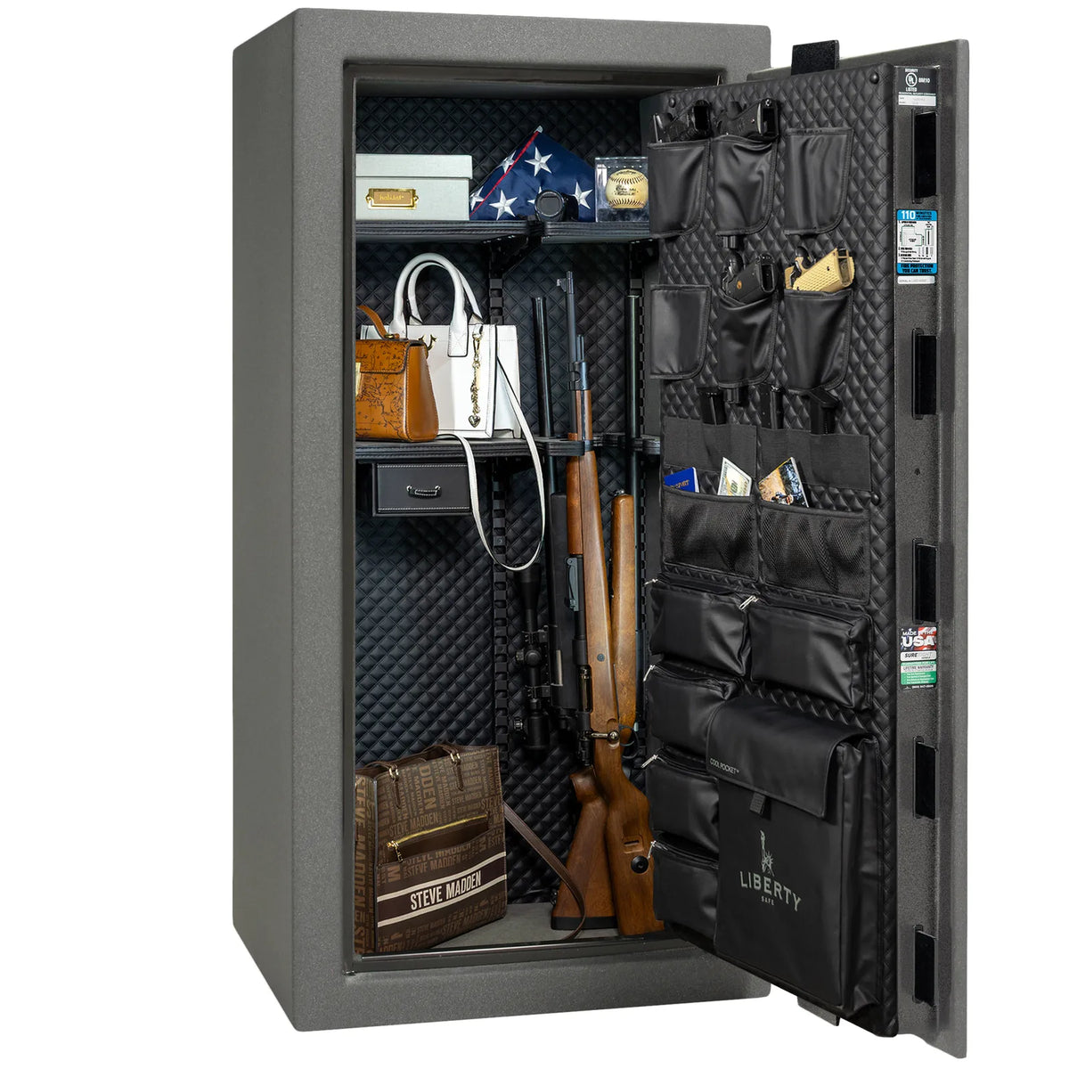 Liberty Franklin 29 safe in Textured Granite with Chrome hardware, Signature Diamond Stitched Leather interior, loaded storage configuration.