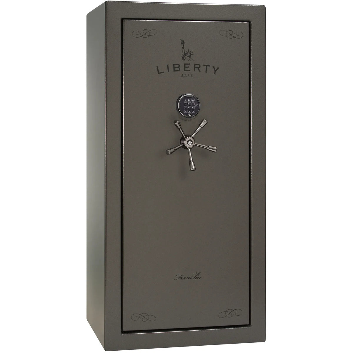 Liberty Franklin 29 safe in Gray Marble with Black Chrome hardware and S&G electronic lock, exterior view.