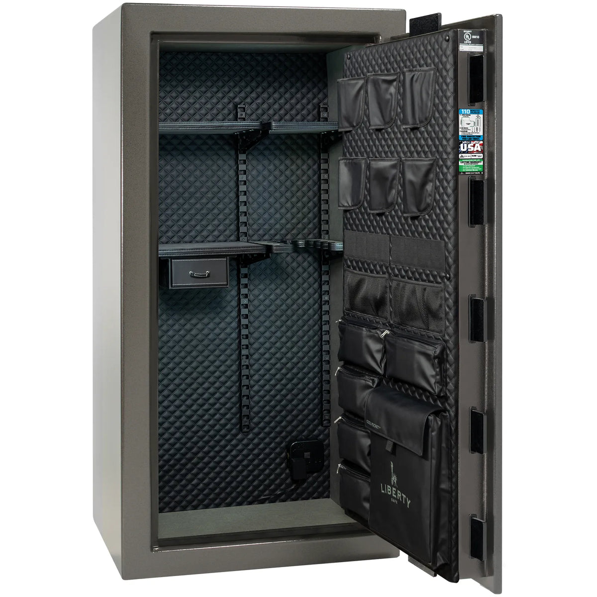 Liberty Franklin 29 safe in Gray Marble with Black Chrome hardware, Signature Diamond Stitched Leather interior, empty.