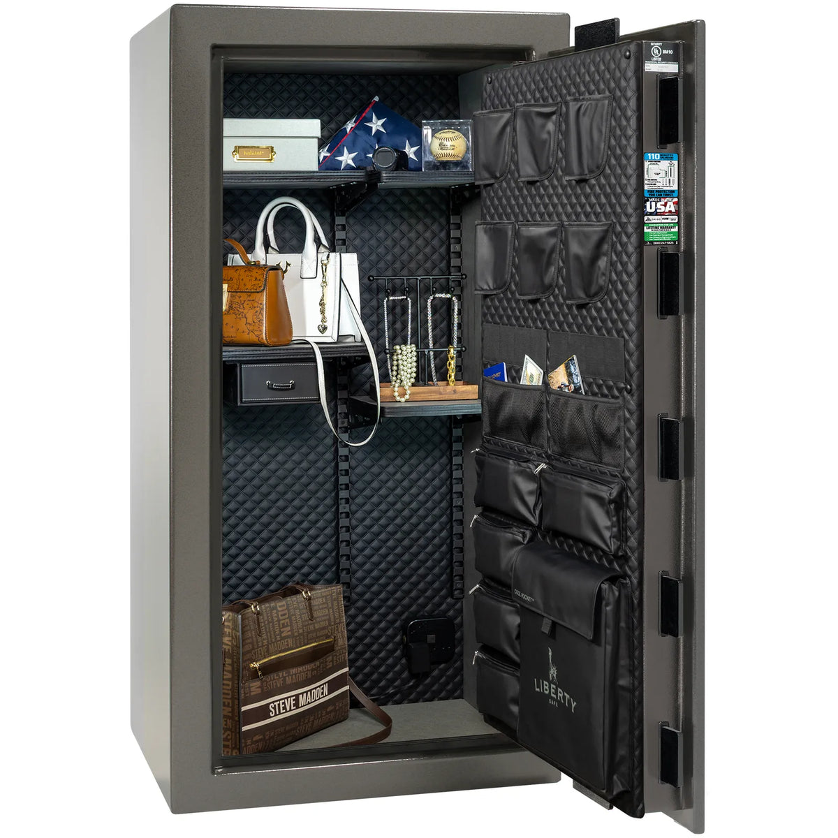Liberty Franklin 29 safe in Gray Marble with Black Chrome hardware, Signature Diamond Stitched Leather interior, organized storage without firearms.