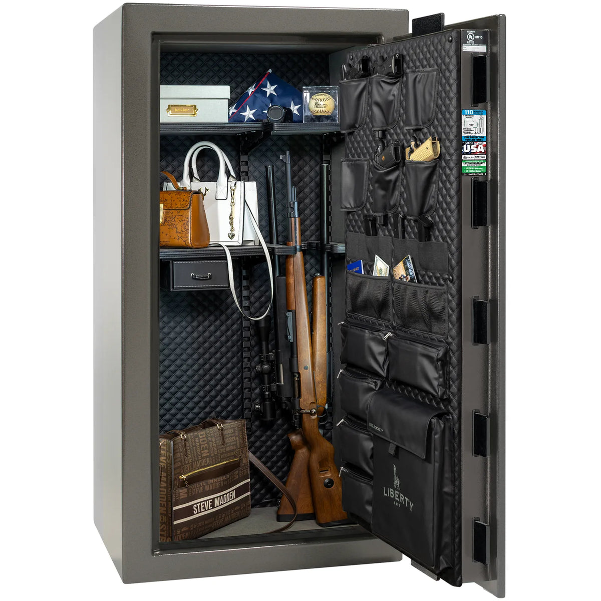 Liberty Franklin 29 safe in Gray Marble with Black Chrome hardware, Signature Diamond Stitched Leather interior, loaded storage configuration.