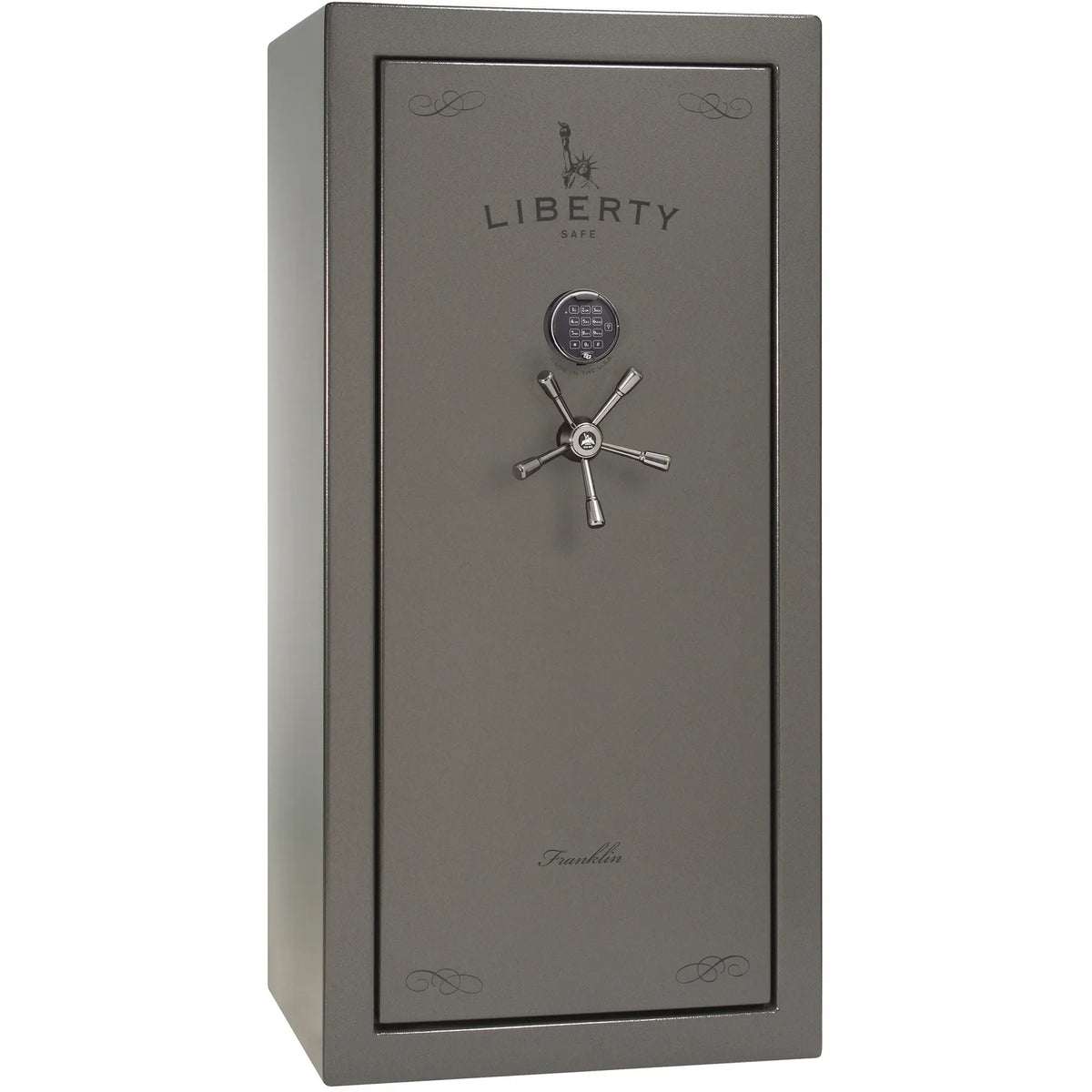 Liberty Franklin 29 safe in Gray Gloss with Black Chrome hardware and S&G electronic lock, exterior view.