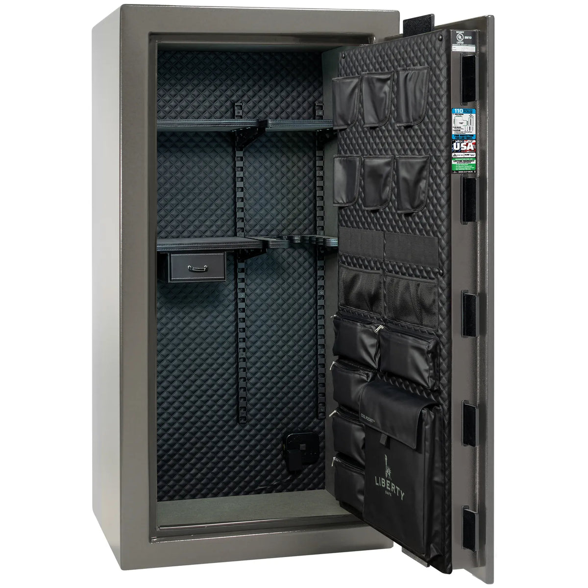 Liberty Franklin 29 safe in Gray Gloss with Black Chrome hardware, Signature Diamond Stitched Leather interior, empty.