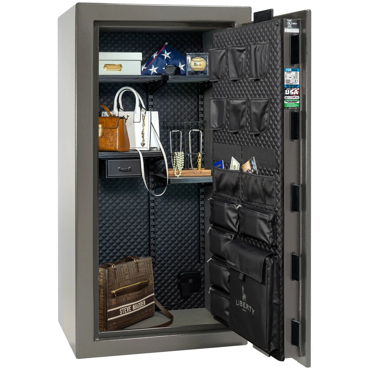 Liberty Franklin 29 safe in Gray Gloss with Black Chrome hardware, Signature Diamond Stitched Leather interior, organized storage without firearms.